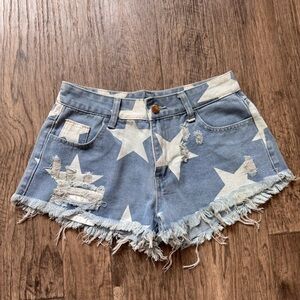 Distressed Nova Blue Star Print Denim Shorts